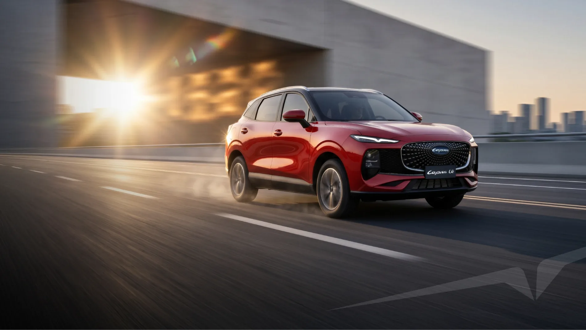 Red Lepas L4 compact SUV driving on a city road at sunset.