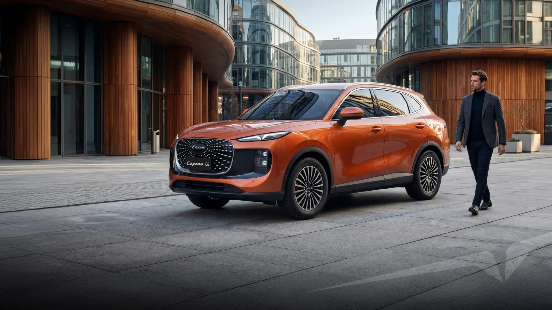 Orange Lepas L6 SUV parked in a modern city plaza.