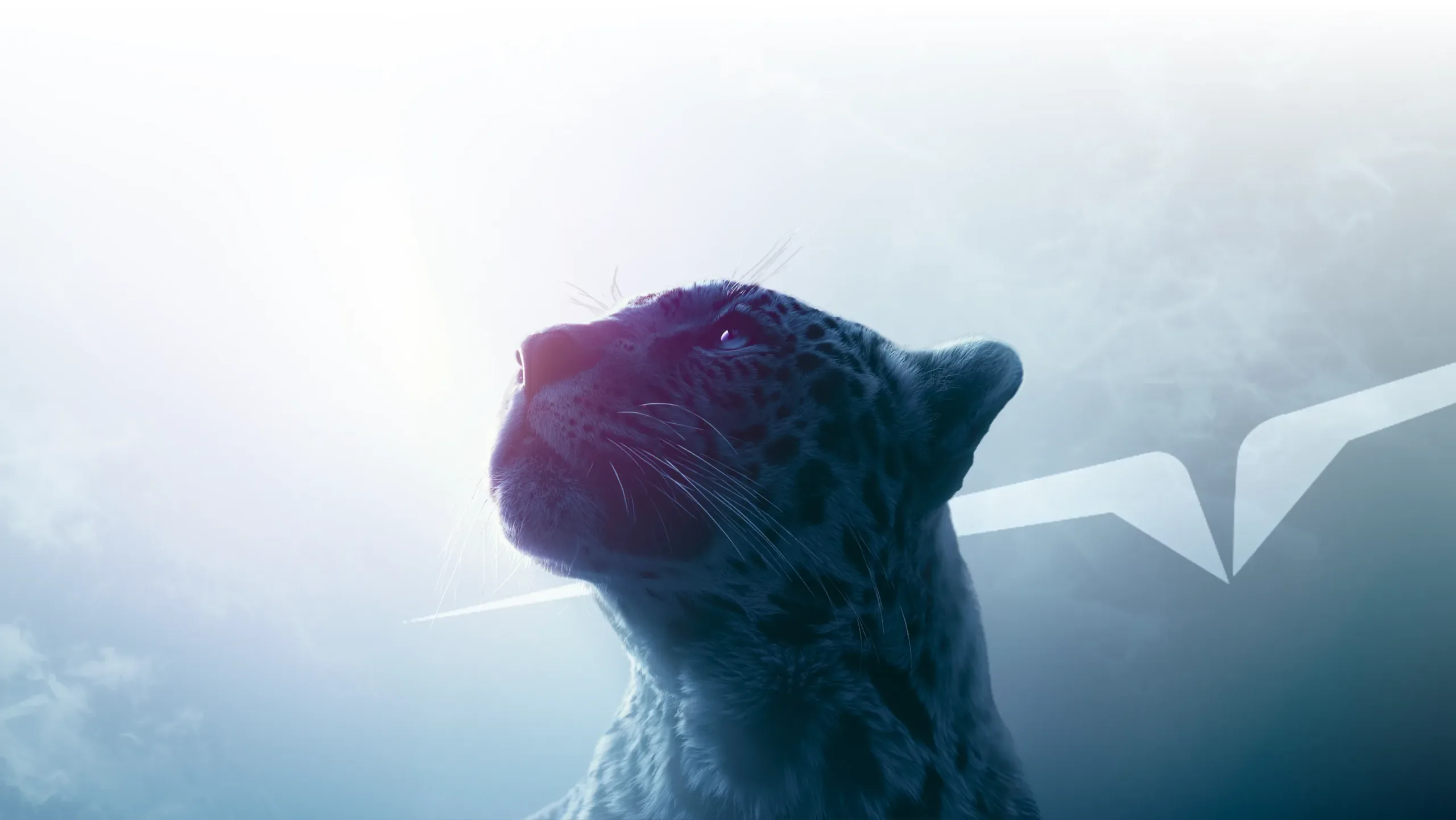 Snow leopard gazing upward through mist, with the Lepas wing emblem