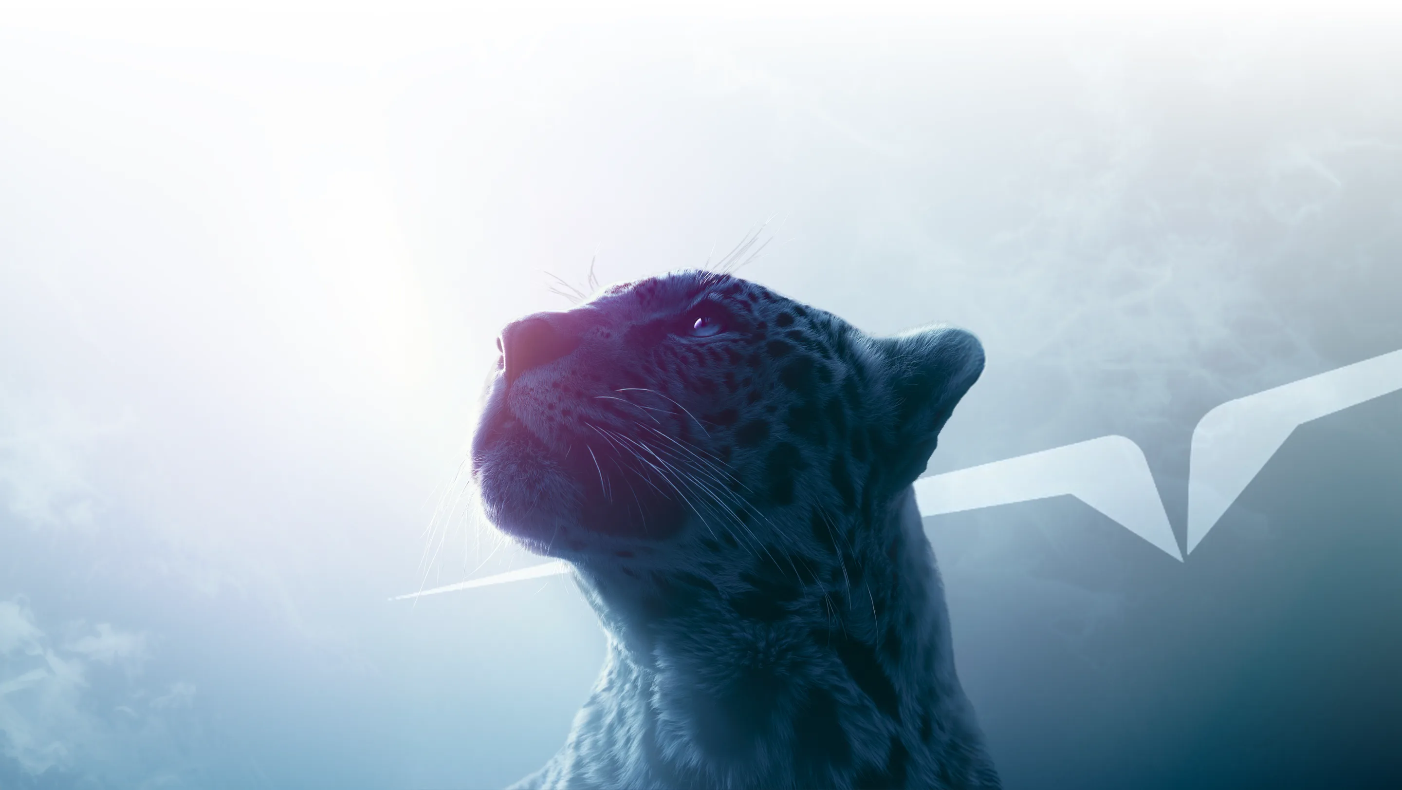 Snow leopard gazing upward through mist, with the Lepas wing emblem
