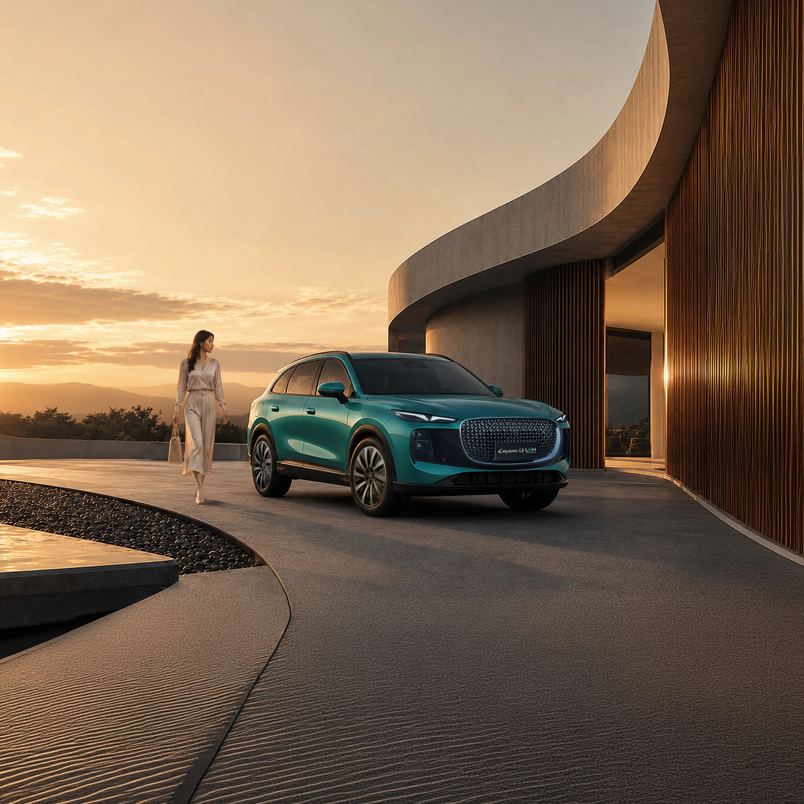 Lepas SUV parked at a modern villa at sunset
