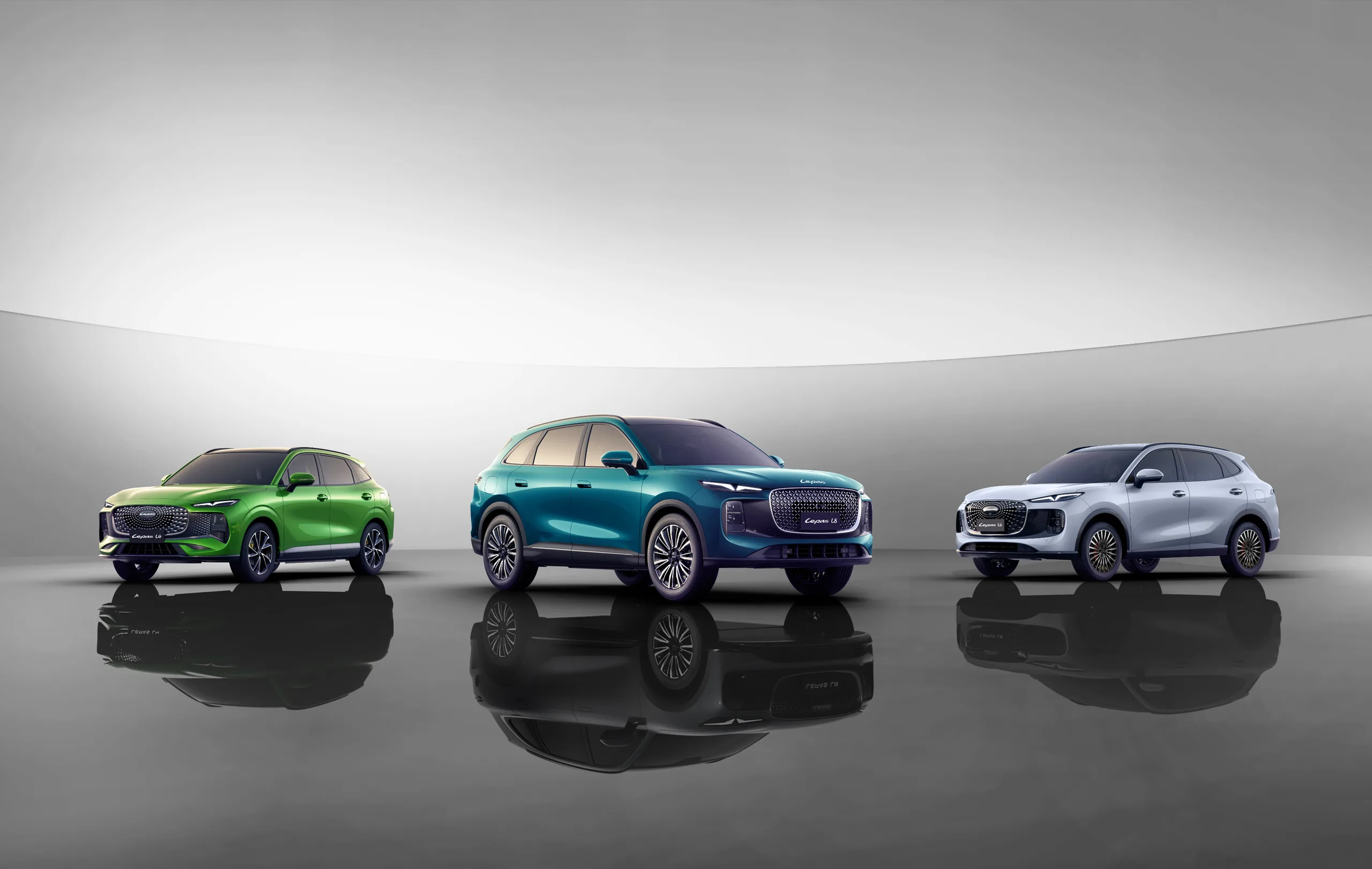 The Lepas smart SUV range lined up side by side in a studio.