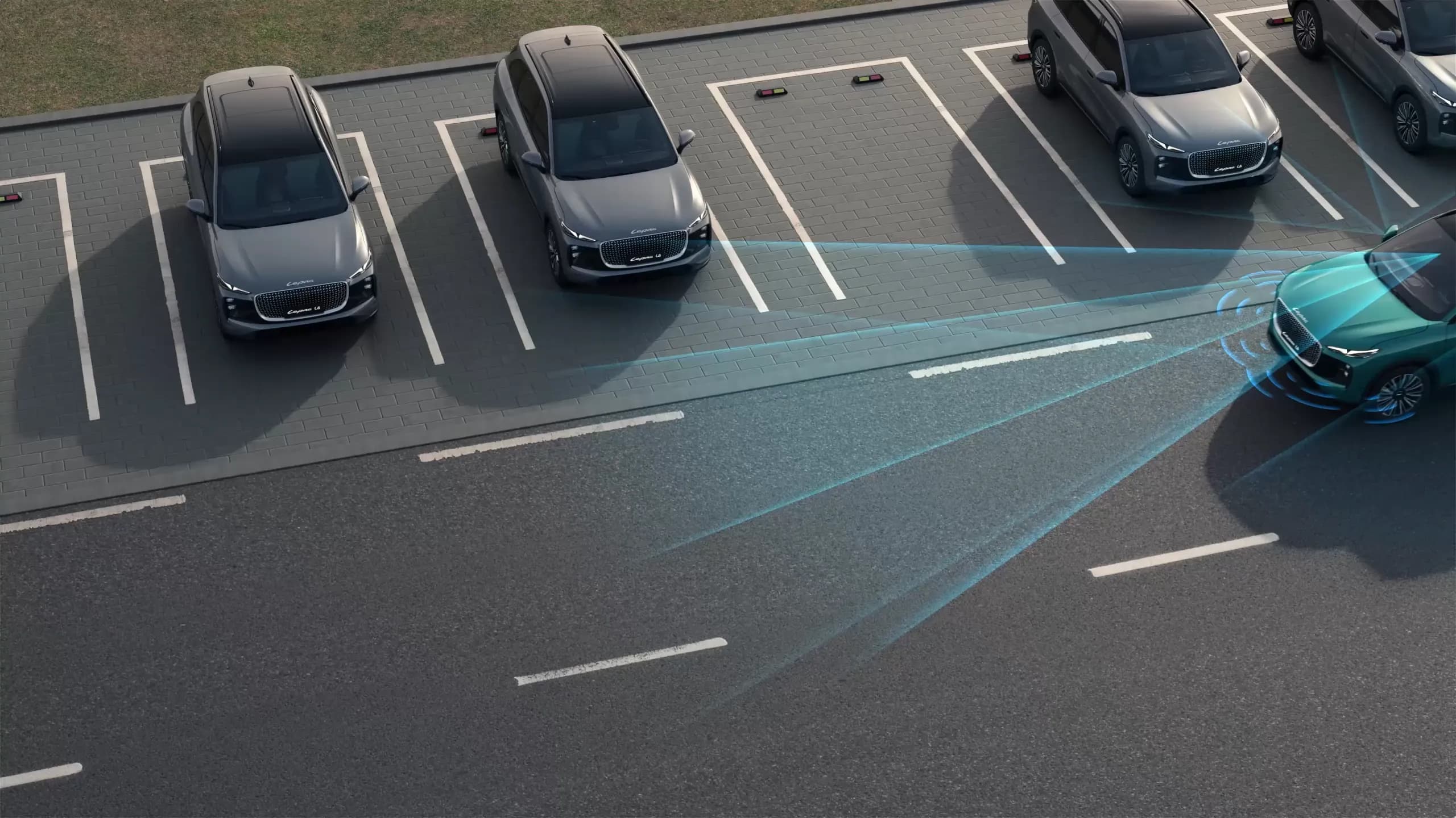 Lepas SUV using its parking sensors to manoeuvre in a car park.