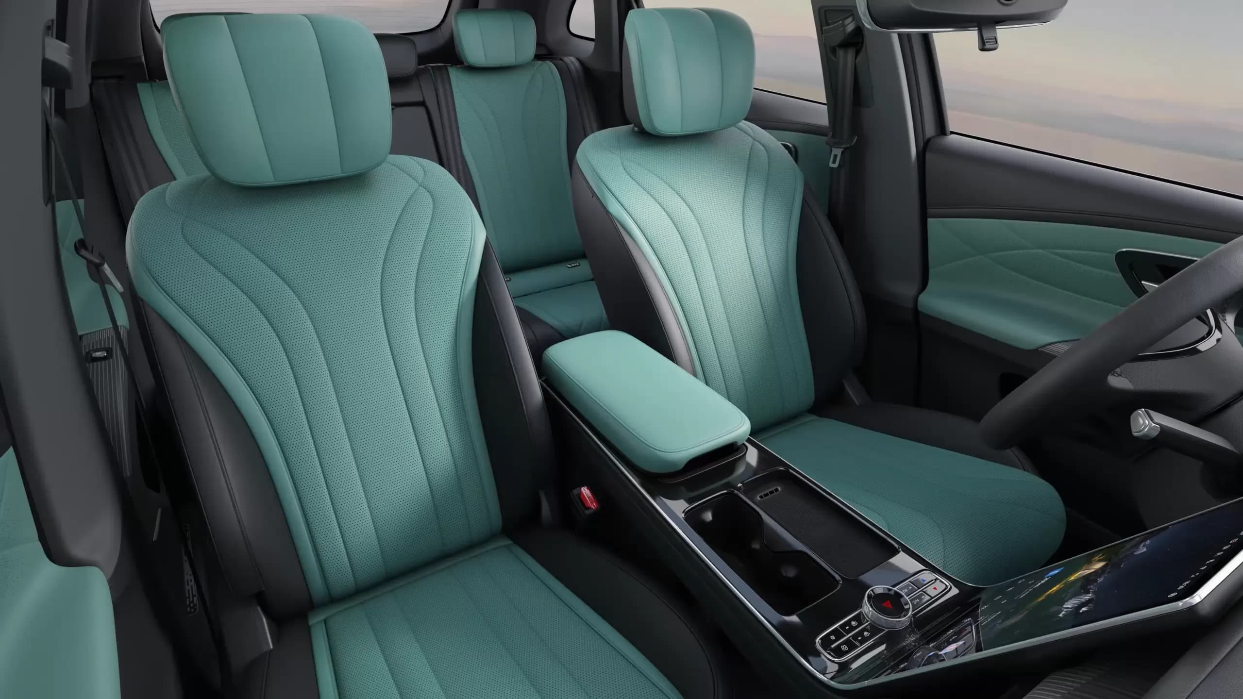 Teal leather front seats and centre console inside a Lepas SUV.