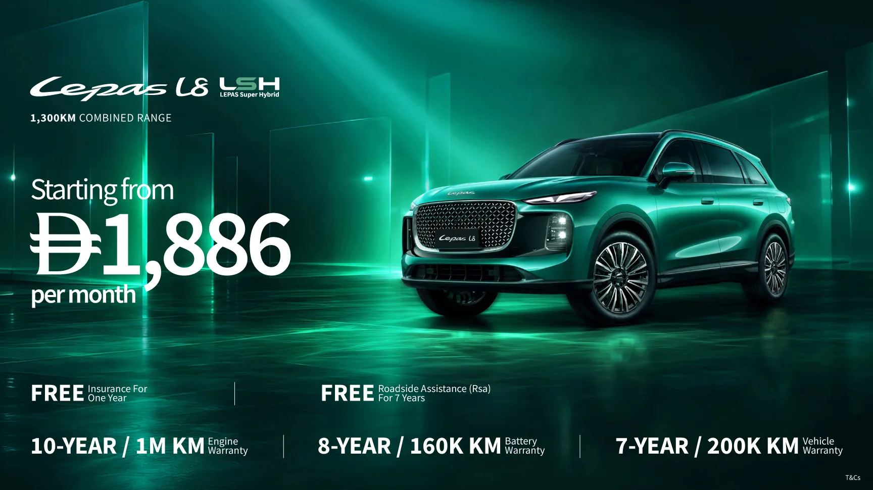 Green Lepas L8 Super Hybrid with 1,300 km combined range. Starting from AED 1,886 per month.